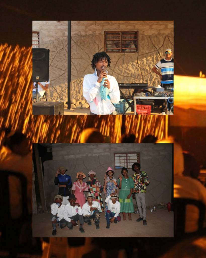 Collage showing a Stoftrap dancer speaking at a community event and members of the Richtersveld Stoftrap Dancers posing together after an Out of Mined screening.