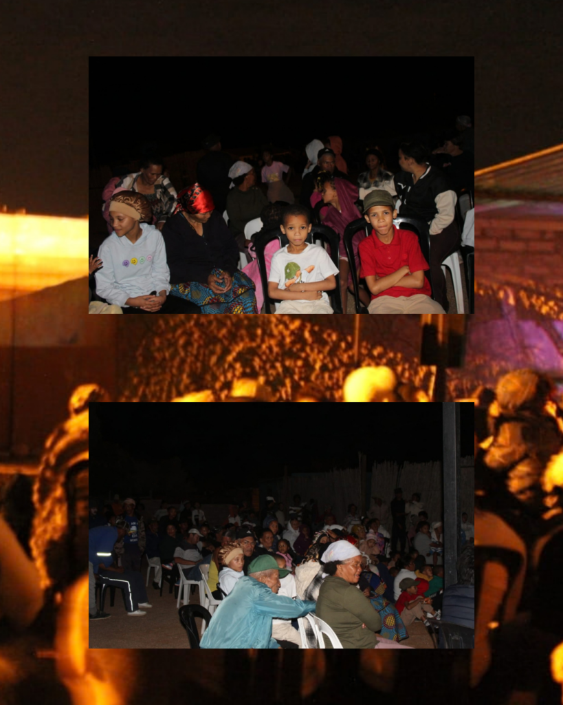 Collage showing children and community members seated outdoors at a nighttime screening of Out of Mined in Sanddrift, Richtersveld.