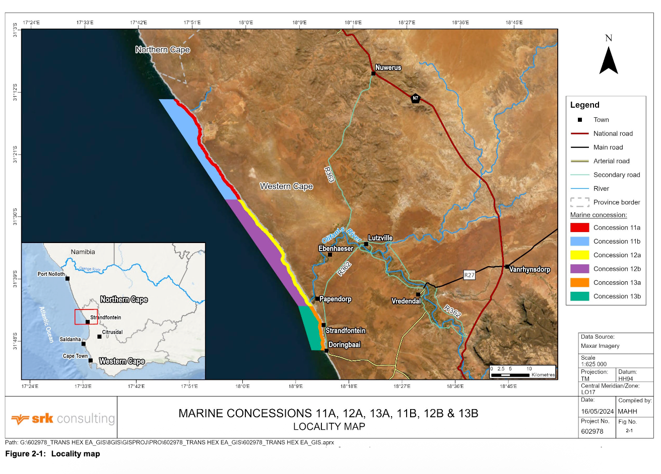 Map showing Trans Hex marine concessions 11A, 12A, 13A, 11B, 12B and 13B along the West Coast between the Olifants River area and the Northern Cape.